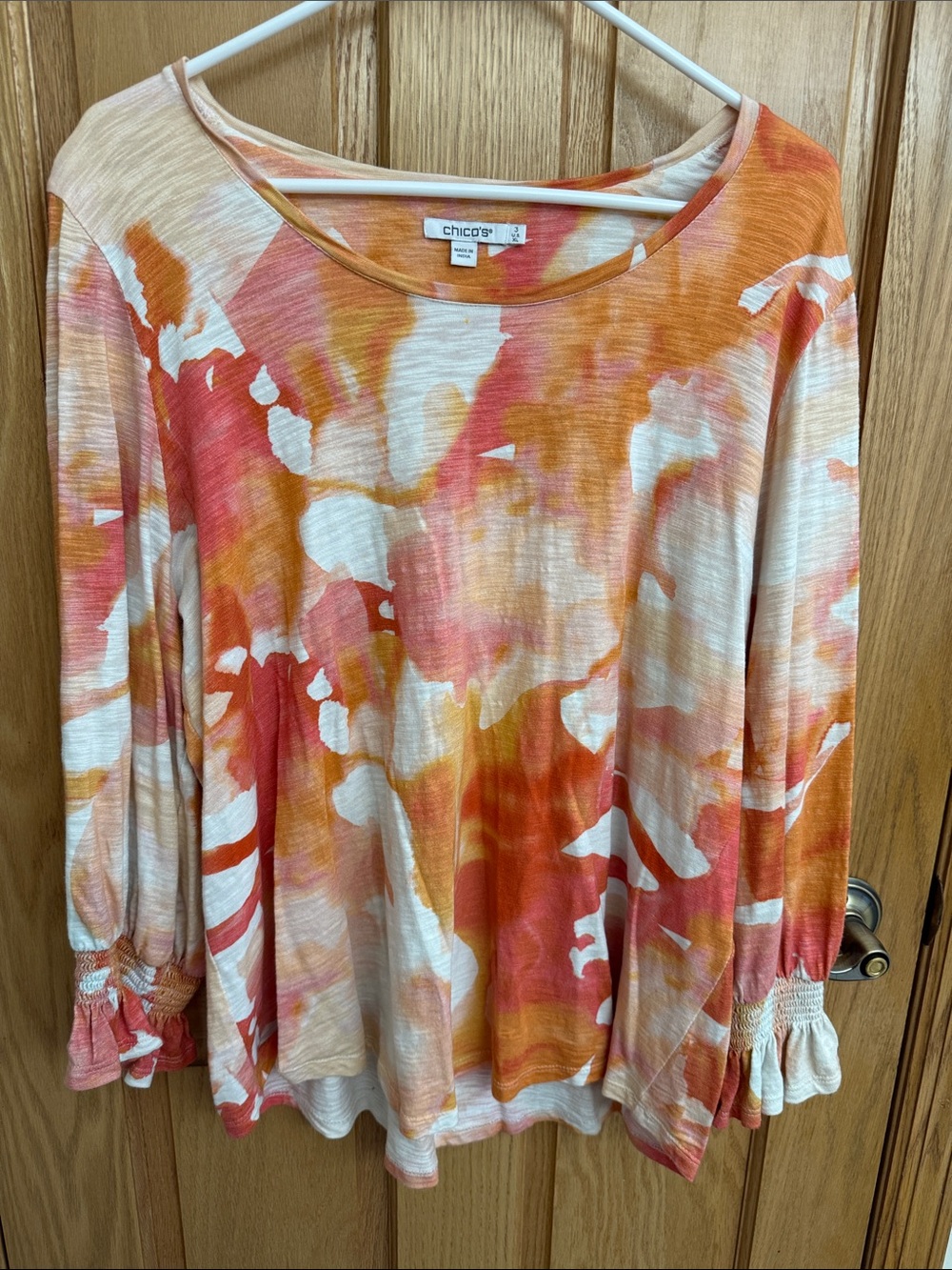 Chico's Orange and Cream Abstract Print Scoop Neck Top